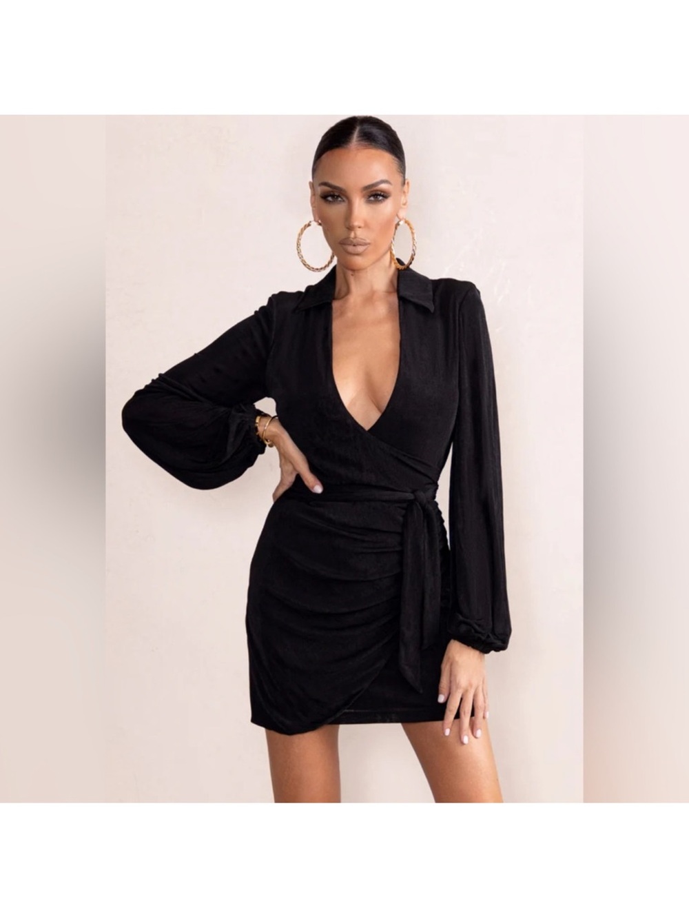 Club London Black Wrap Mini Dress with Long Sleeves